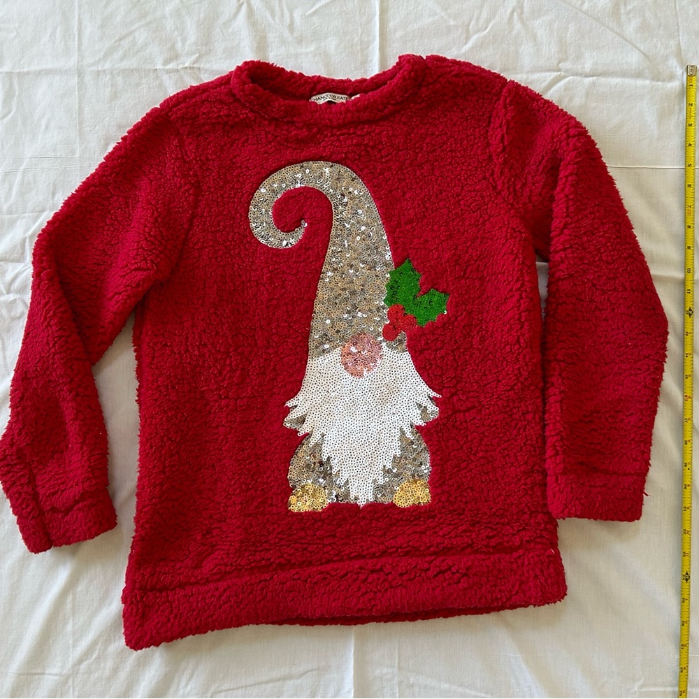 Sequin gnome Christmas sweater in red teddy texture